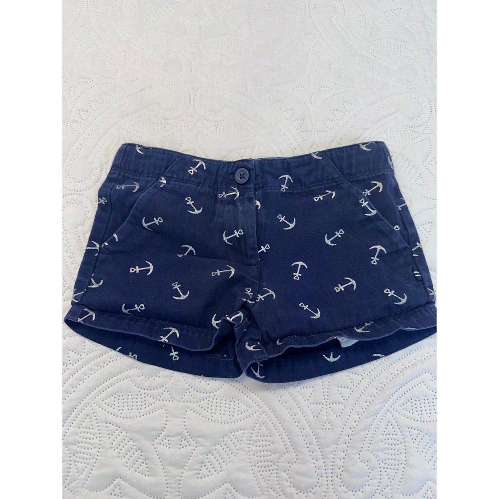 Nautica Girls Navy Blue Silver Metallic Anchor Print Cotton Shorts Size 5
